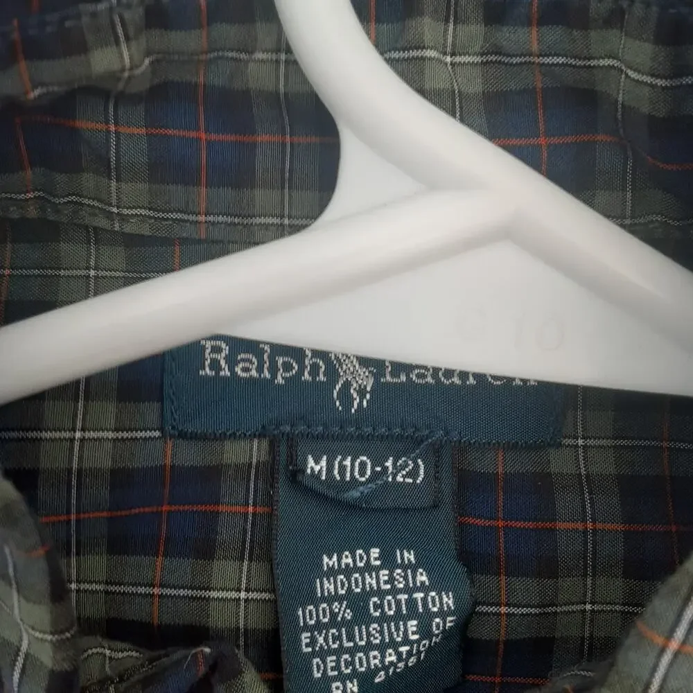 RALPH LAUREN Boys Cotton Green Blue Plaid Button Down Shirt Youth M (10/12)
